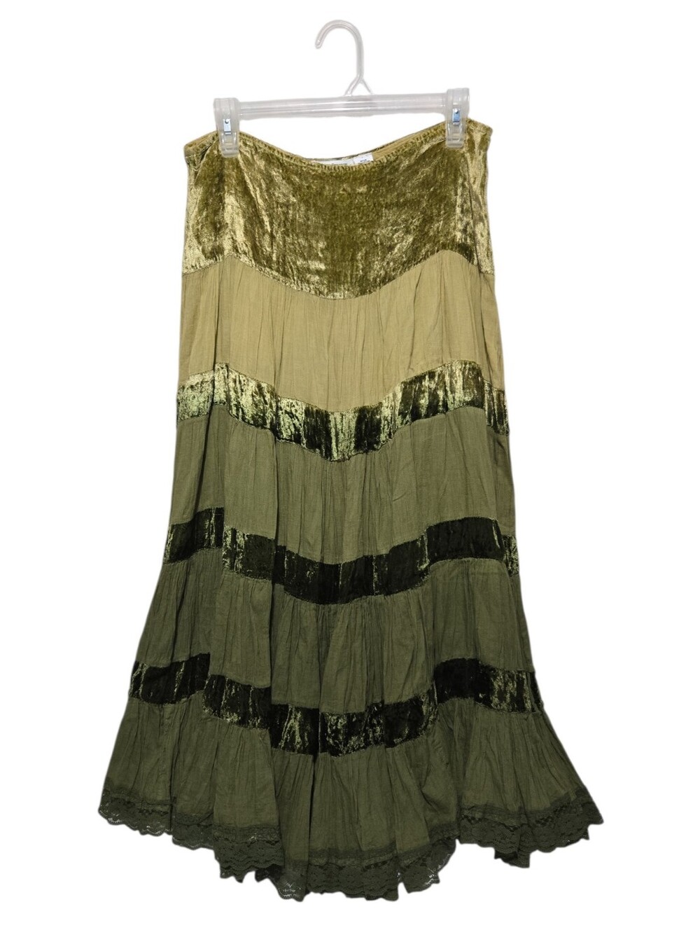 Cotton Express Olive Tiered Maxi Skirt Velvet Boho Whimsy Witchy Solstice Large